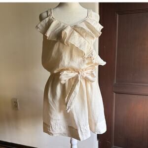 120% LINO | Natural Linen Tie Waist Ruffle Neck Mini Dress | Sz 42 / US Size 6